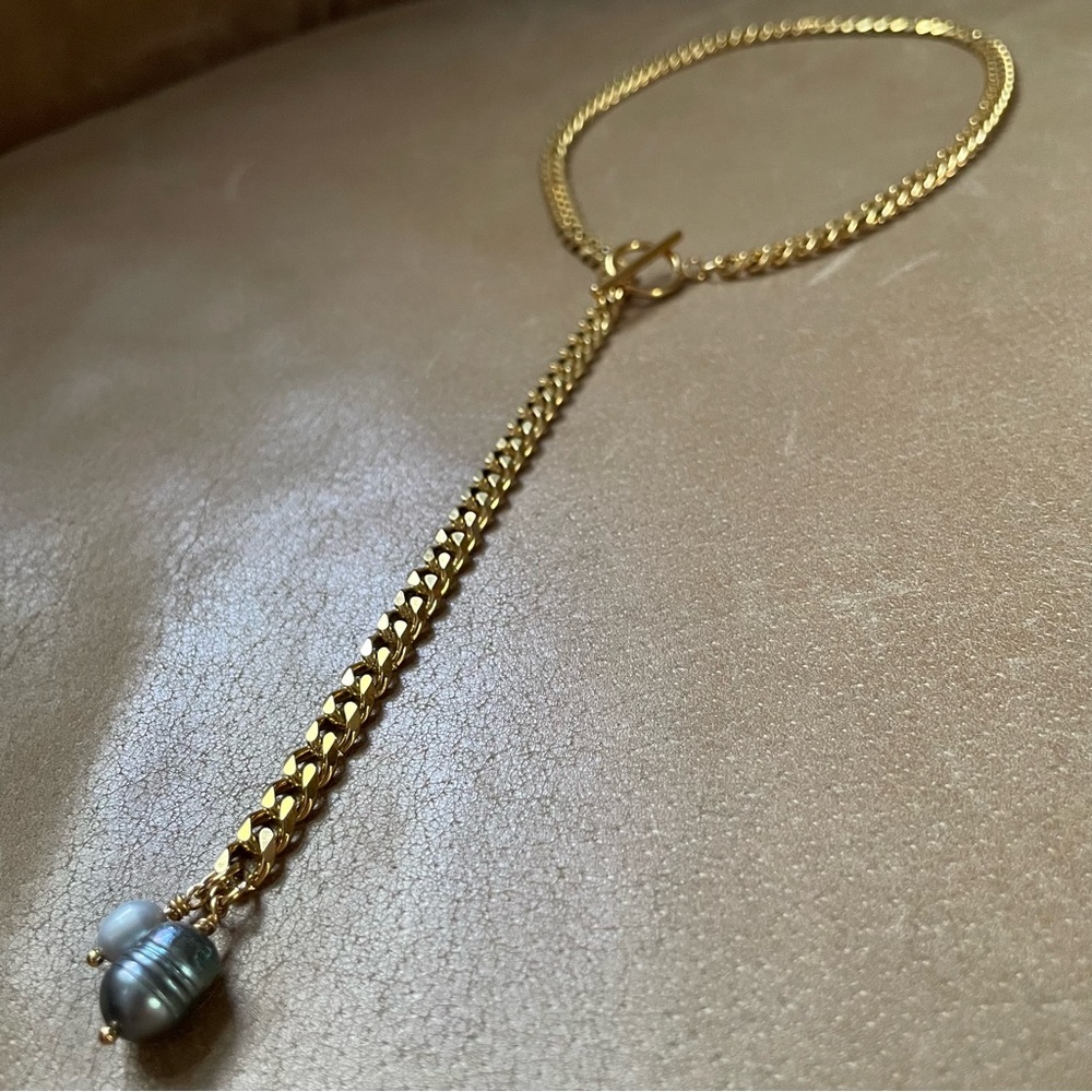 Genuine pearl gray blue on gold plated curb chain lariat toggle clasp necklace - Picture 3 of 10